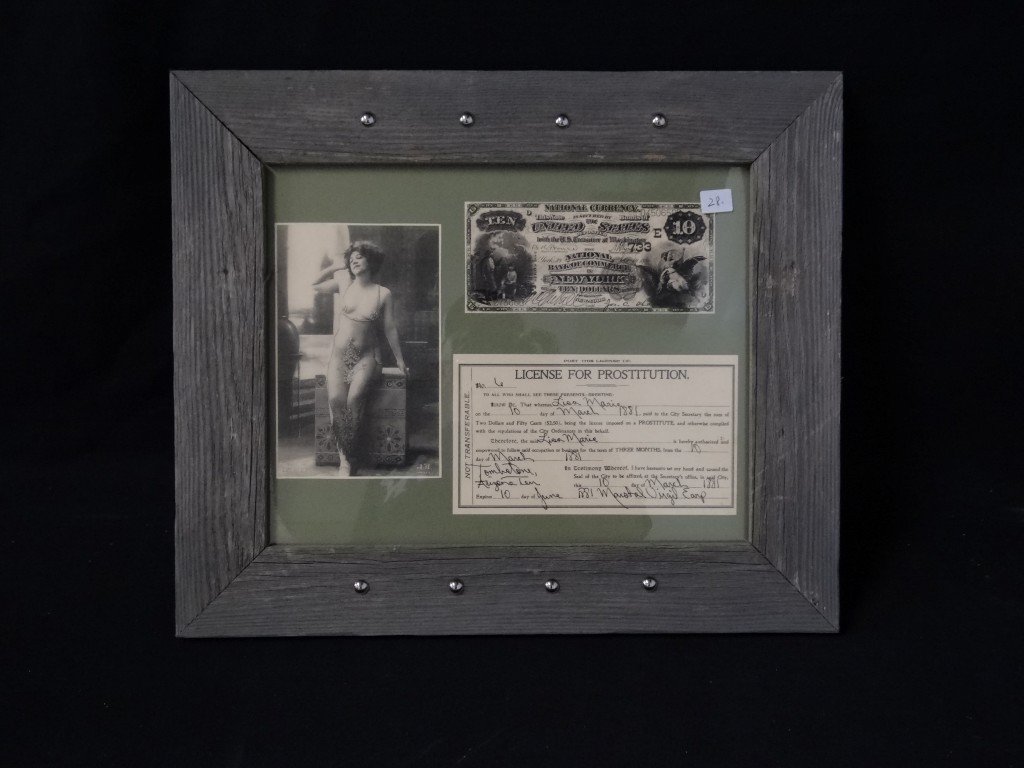 Framed Wild West License for Prostitution: Framed assemblage , Wild West License for Prostitution. A faxcimile. Copy, originally dated 1881 and signed by Marshall Virgil Earp; 11in. X 14in.