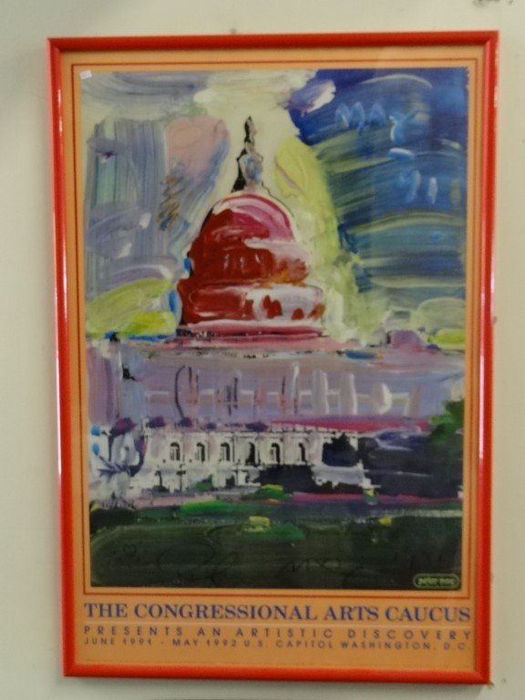 Peter Max; Framed exhibition poster signed: Framed poster, The Congressional Arts Caucus - 1991. Signed in felt tip pen and dated; 36in. X 24in.