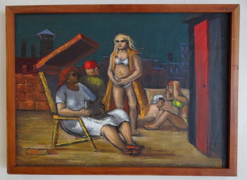 Albert Pels; Oil painting Signed: Oil on canvasboard, On the rooftop signed l.l.;gallery labels at the reverse 13in. X 18in.
