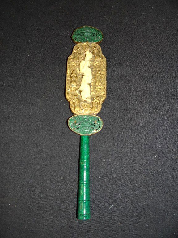 19thC. Chinese ivory and jade dresser mirror: Bronze mounted dresser mirror with ivory figural insert and carved jade mounts and handle; 12in.