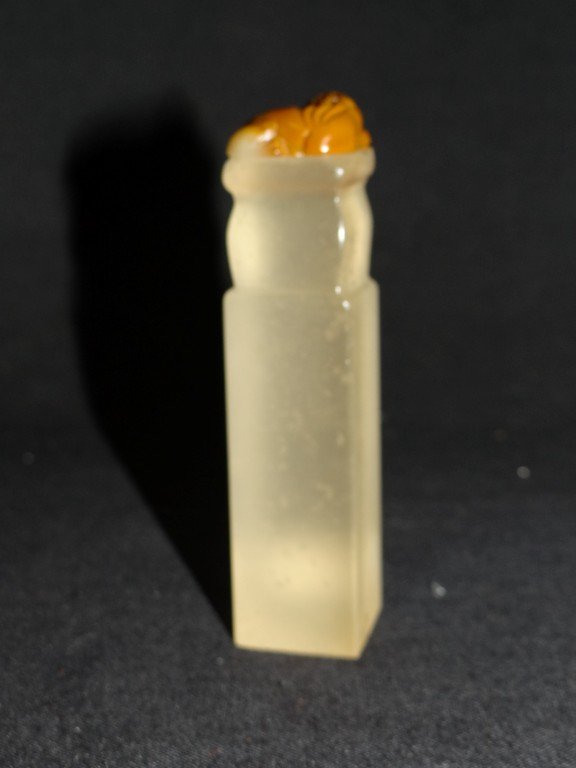 Chinese carved soapstone scroll weight: Carved soapstone scroll weight with animal decoration; 4in. H.