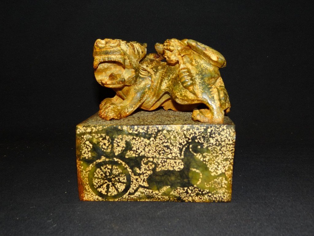 Large Chinese jade seal: Carved jade scholar's seal with foo dog; 6.25in. H. x 5.75in. W.