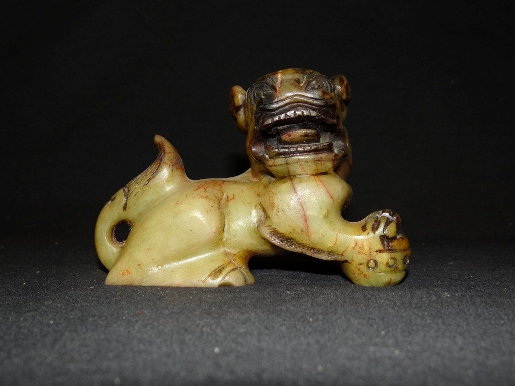 Chinese soapstone foo dog: Carved soapstone foo dog; 3.75in. H. x 5in. W.