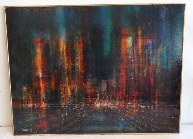 Leonardo M. Nierman; 20th C. Oil Painting Signed: 20thC. Acrylic on masonite, a city scene signed lower left Nierman '67; 23.5in. X 31.5in.