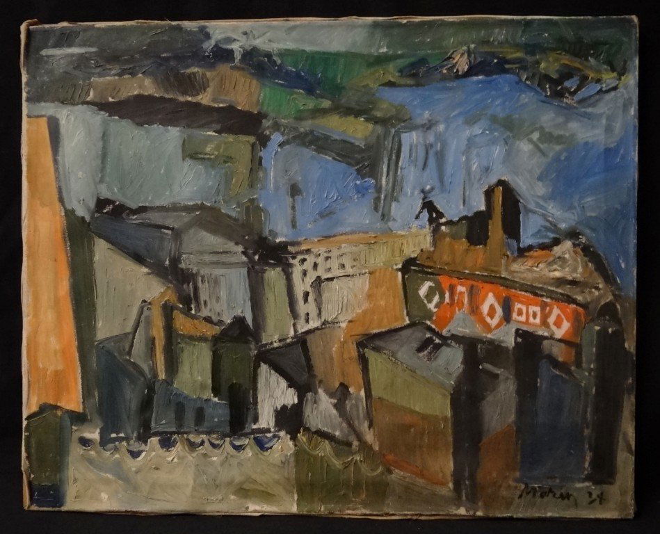 John Marin; Oil painting "Weehawken- '34" signed: Oil on canvas, Weehawken Series signed l.r. and dated '34. Purchased in from a Greenwich, Ct estate; 24in. X 30in.