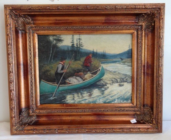 American Illustration Painting for a Magazine: Oil on Panel, Two men in a canoe hunting moose. 12" x 16"