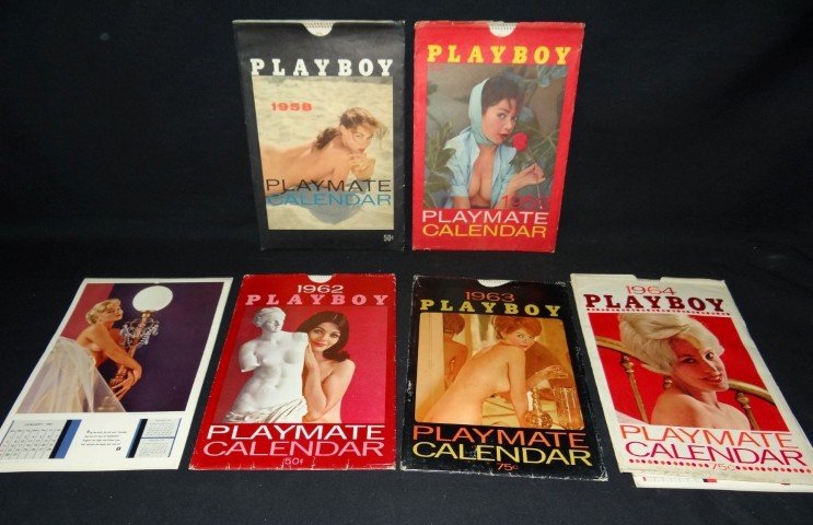 1950's 1960's Playboy Magazine calendars: 1958, 1959 1962, 1963 and 1964 in sleeves; 1961, 1967 and 1968 (not in sleeves)