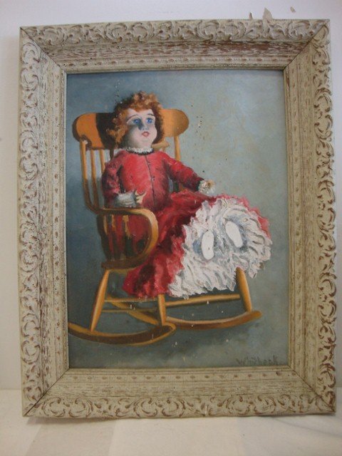 Whitbeck Oil on Board: Doll in a rocking chair. Signed 16"H. x 12" W.
