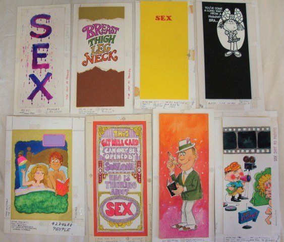 American Illustrations Adult Themes (8): American Illustrations for the Norcross Calendar/Greeting Card Co, All Ex. Collection Charles Martignette. Lot includes Sexï¿½You've Come a Long Way from a Training Bra; This Get Well Card Can Only