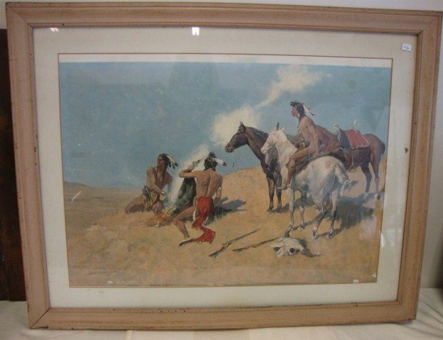 Frederic Remington Western Print: Vintage Frederic Remington Indian print, Smoke Signals, signed lower left. Matted and framed. 15" x 22"