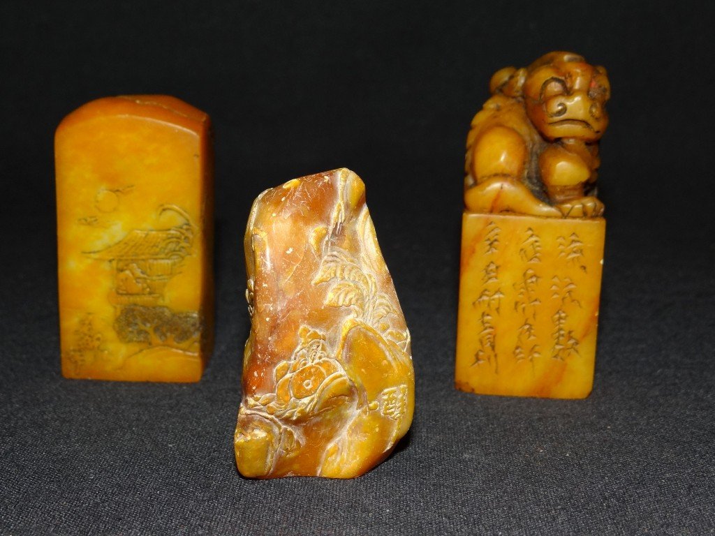 Three(3) Chinese soapstone carvings: Two(2) seals and a stone; 2.25in. - 3in.