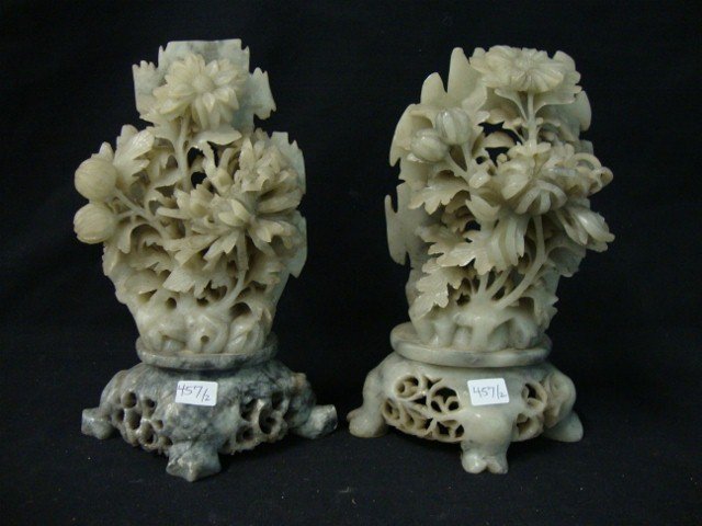 Chinese Soapstone Sculpture Jade Base: Intricate Chinese soapstone sculpture on a jade base. A "bouquet of flowers: on an intricate reticulated jade base. 10"H.