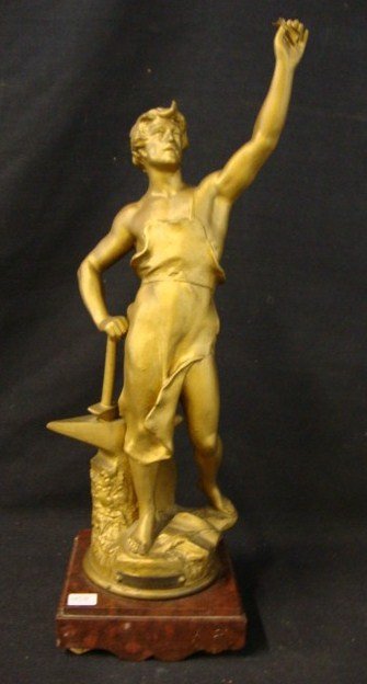 G. B. Germain Bronzed Figure Blacksmith: An antique G. B. Germain bronzed figure of a blacksmith. Chants Patriotiques Signed G. B. Germain (After) Pacque affixed to the front. On a marble base. 19.75"H. Please note: This piece is bronzed met