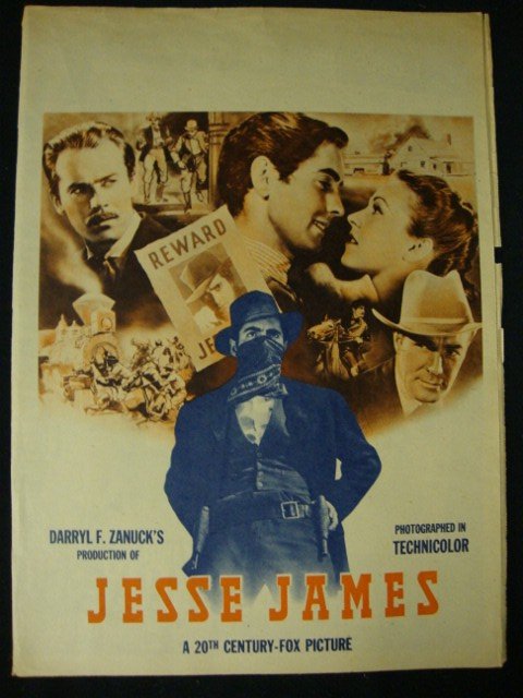 Jesse James Movie Herald: Poster, a movie herald for 20th C. Fox Jesse James with Tyrone Power and Henry Fonda. 11" x 16" Opens to full spread 11" x 32"