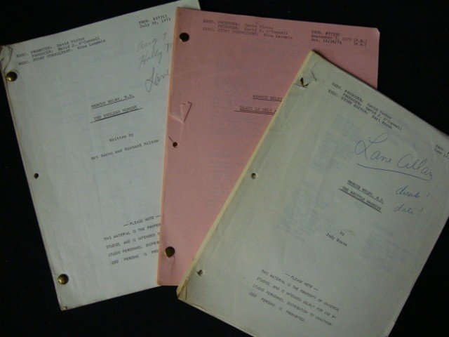 Original Marcus Welby M.D. Scripts (3): Three original dialogue and performance instructions scripts for Marcus Welby M. D. episodes, The Brittle Warrior, June 12, 1974;Death is Only An Effort, September 7, 1973 and The Endless Moment July 