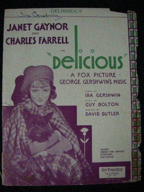 Signed Ira Gershwin "Delicious" Cover: Sheet Music cover depicting Janet Gay. Signed in blue ink, Ira Gershwin.