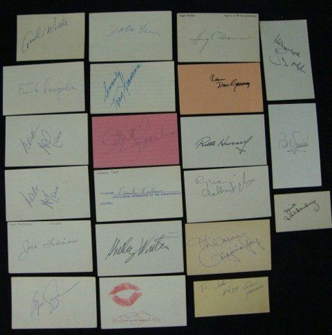 Large Lot of Celebrity Autographs: Lot includes: Cornel Wilde; Frank Langella; Al Lewis (2); Jose Feliciano; jolie gabor; Tony Franciosa; James Farentino; Frank Fontaine; Shelly Winters; Hugh Downs; Dave Garroway; Robert Goulet; Peggy