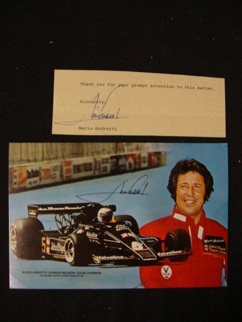 Mario Andretti Autograph TLS & Postcard: A Mario Andretti Postcard together with a partial TLS, "Thank you for your prompt attention to this matter. Sincerely, Mario Andretti" bearing his signature in blue ink. 5-1/2" x 8-1/4" and 2-1/2" x 6