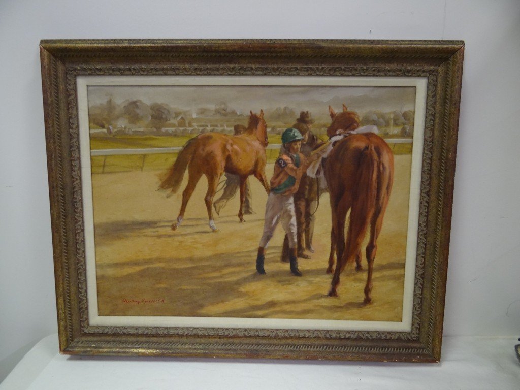 Henry Koehler; Oil painting signed: Oil on canvas, "Unsaddling, Churchill Downs, 1973" signed l.l. and dated 1973. Titled and inscribed indistinctly on reverse; 18in. X 24in.