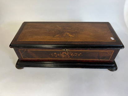Cylinder Music Box in the manner of Regina: Marquetried case with a play list inside cover. 23 L x 7"H. x 10"D