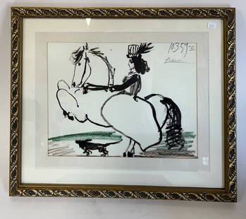 Pablo Picasso Pencil Signed Lithograph: ( Spanish 1881-1973) Pencil Signed Lithograph of a female equestrian e dated 10-3-59. On heavy weight paper, nicely matted and framed 17"H x 20 1/4"W