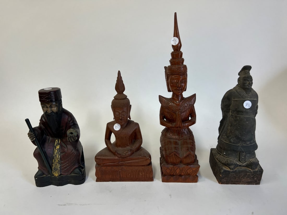 Antique Buddha Figures for Dealer or Collector (4): Carved wood, (3) and Clay, 17"H to 10 1/1"H. Four in the lot.