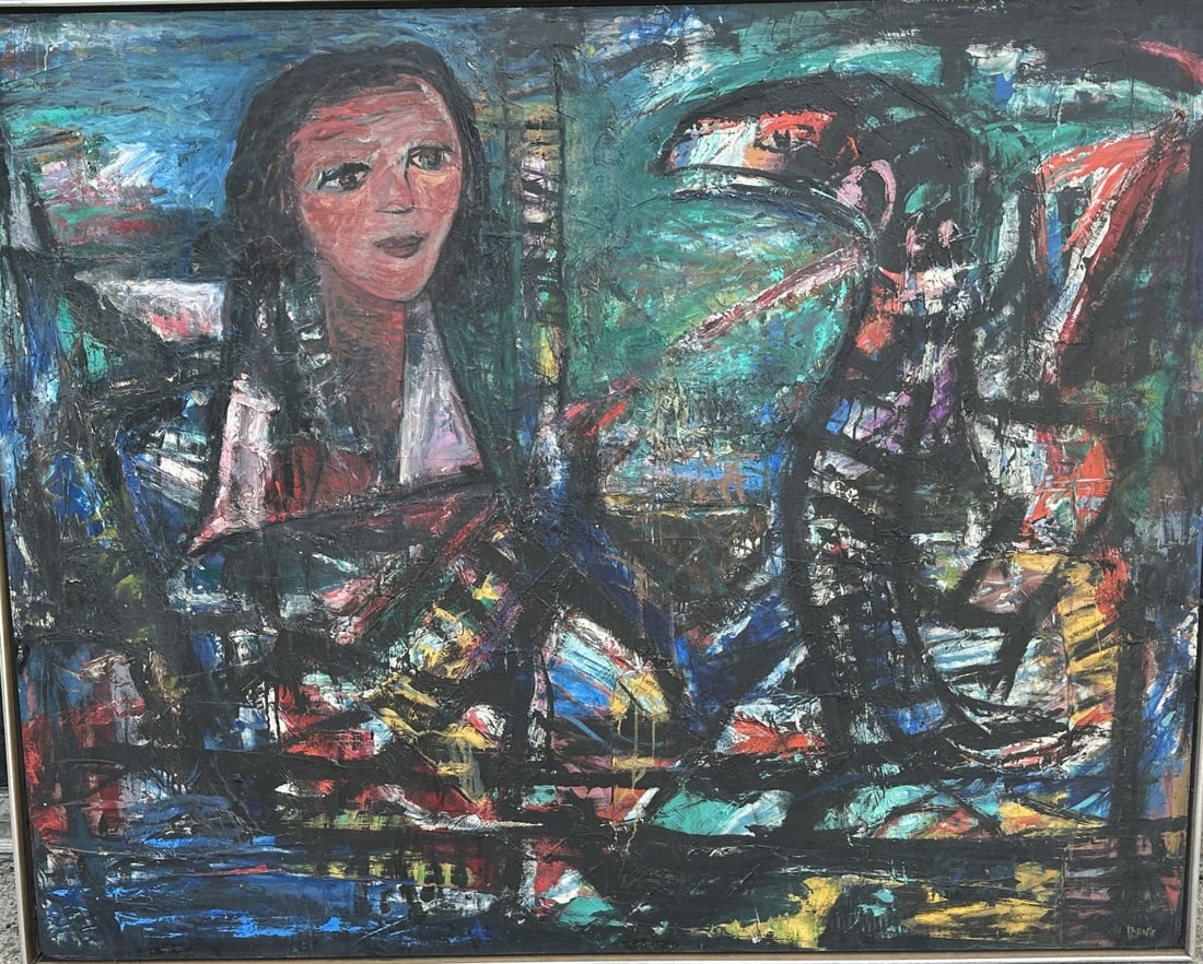 Harriet Tannin; 20thC. Modernist Oil Eve Signed: Harriet Tannin (1929 - 2009) oil on masonite. Eve. Signed lower right. Having old label with title on reverse; 48in. x 60in.(image), 49.5in. x 61in.(framed)Active/lived in Woodstock,NY New York. Harri