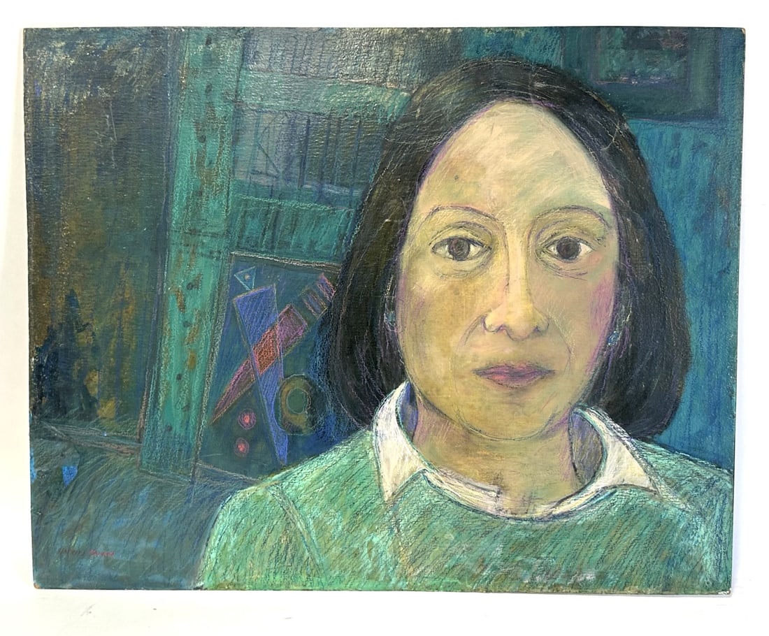 Harriet Tannin; 20thC. Modernist Mixed Media Signed: Harriet Tannin (1929 - 2009) Mixed media - oil and crayon on masonite. Portrait of a Woman. Signed lower left; 24in. x 30in.(image) Active/lived in Woodstock,NY New York. Harriet Tannin is known for N