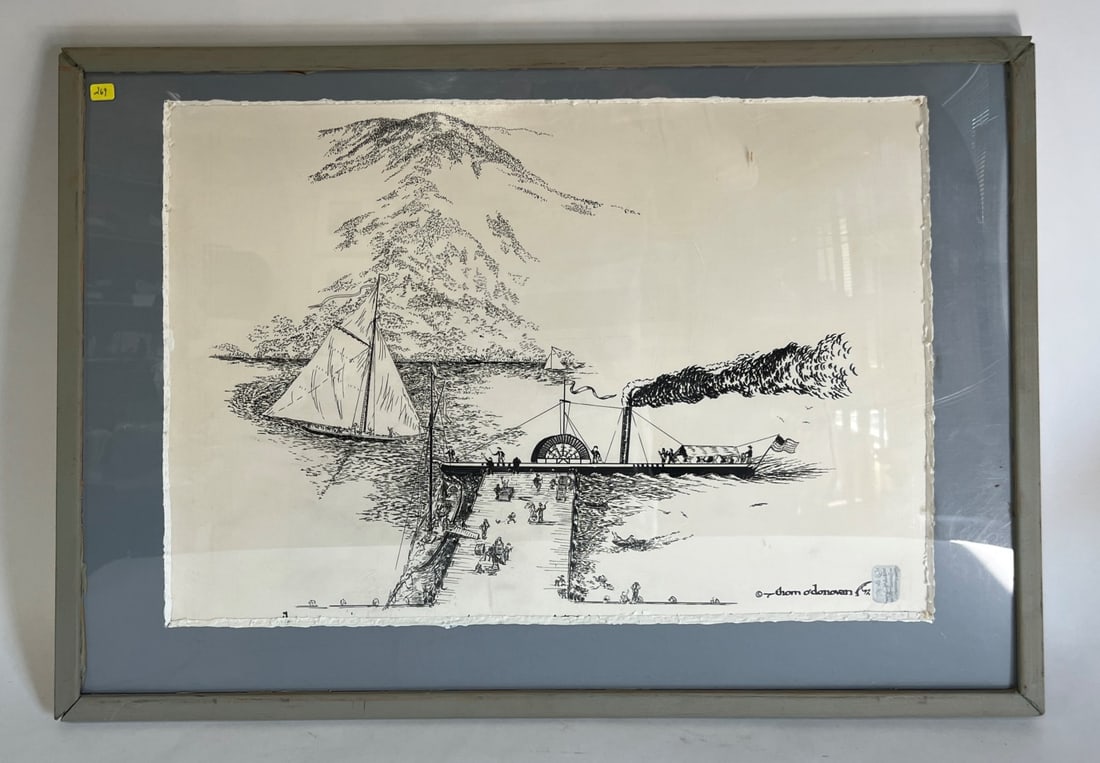Thom Donovan. Fulton;'s Steamboat.: Robert Fulton's Steamboat, , later to be named the Claremont , on the Hudson with Sailboar at Newburgh Landing. Framed and Signed (Extensive information at the reverse