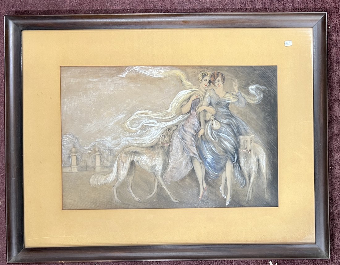Good Quality Art Deco Pastel. Girls with Dogs.: All original. Gallery matted and framed. Excellet condition. Glass excellent. Frame is tight and secure. 27" x 35"