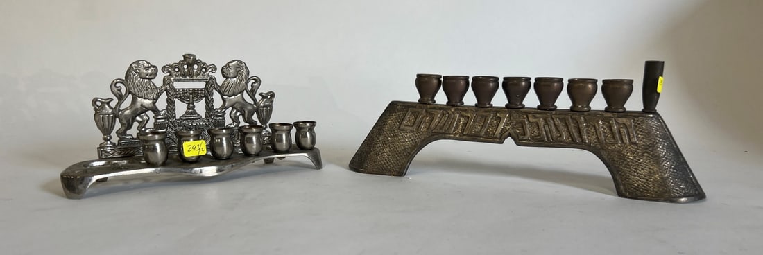 Menorahs (2) Bronze: One with label, E. P. N. S, and one fancy. both are silver plate. 4 1/2"H x 9"W and 4 1/4"H x 12 5/8"L