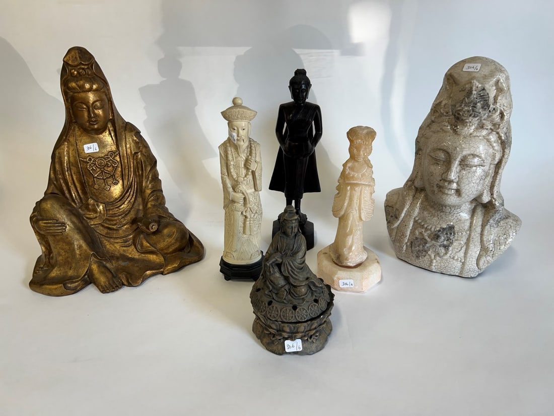 Collector or Dealer's Lot of Antique Buddha items (6): Three standing figures, a seated Buddha ; a Buddha bust. . and an unusual buddha trinket box.. One staanding figure is wood carved ; one bone carved; and one marble. gilded metal; (seated buddha) ; po