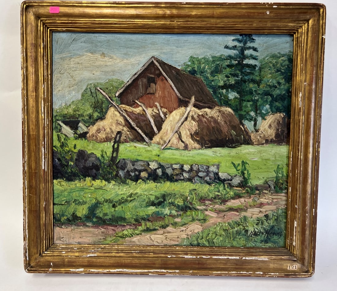 Oil on Canvas. Signed Lower Rgt.: All oriignal. Rural Landscape with Barn. Gilt frame.