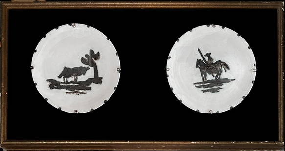 Pablo Picasso  Plates (2): Marked at the underside Edition Picasso. 8 1/2" round (each plate) Framed together in glass topped walnut display case. 14" H. 28"W