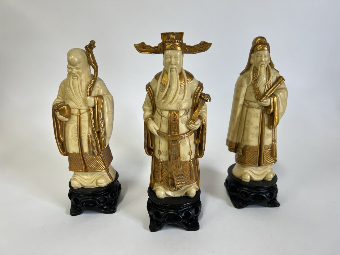 Wisemen Elder Figures on Teakwood Stands (3): Gilt decorations. Three in the lot. Tallest is 12" H