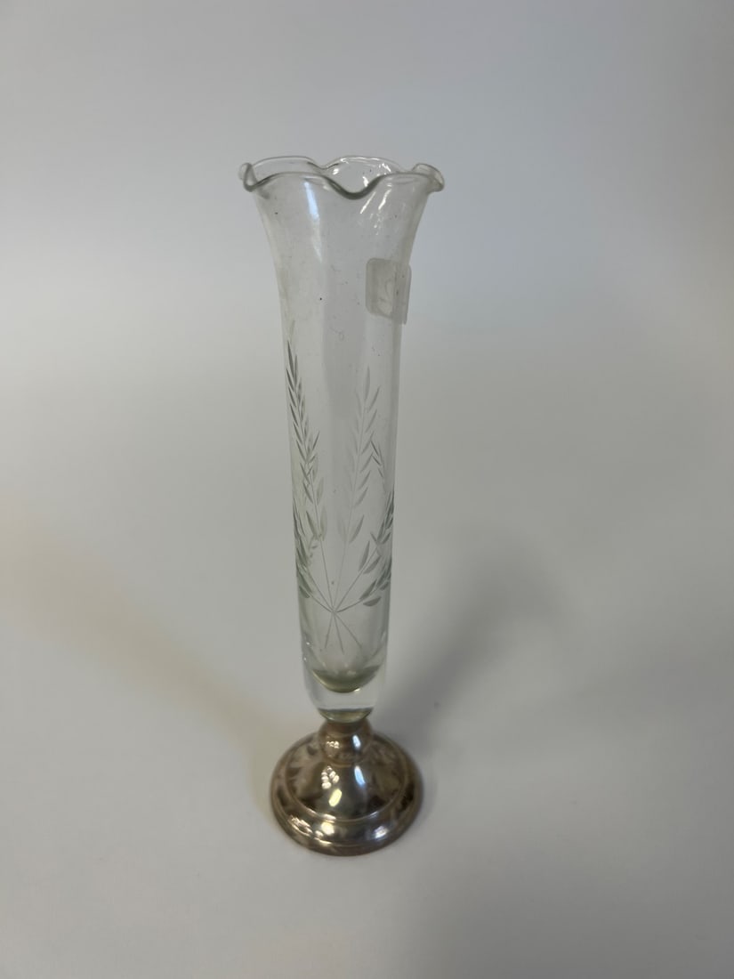 Etched Crystal Bud Vase. Sterling Silver Base (1 of 3)