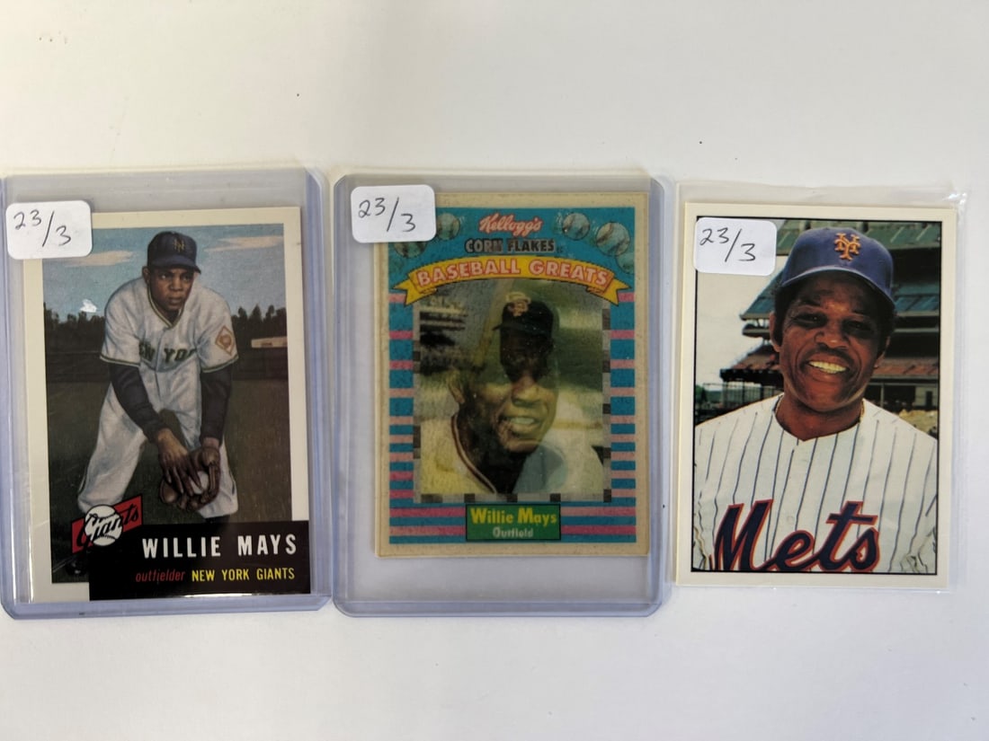 Willie Mays Cards (3): Corn Flakes tilt for two different images; Topps 244 and SSPC 1975 Card 616 Three in the lot