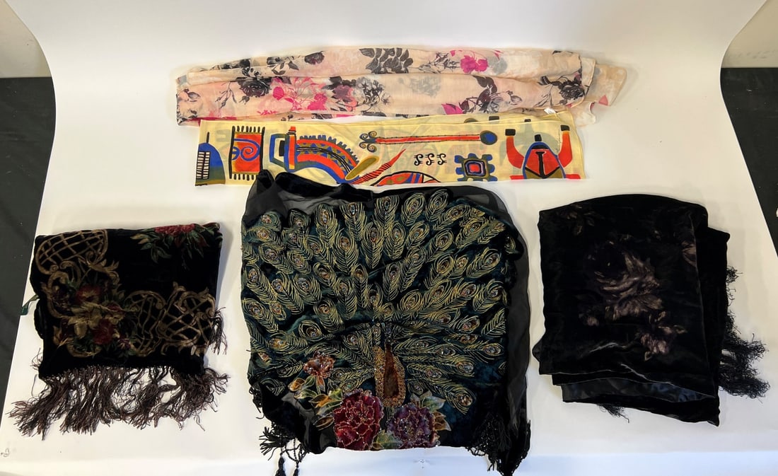 Vintage Scarves inc. Lauren (2), Ginnie Johansen (5): One an elongated velvet fringed shawl by Ralph Lauren, 6 ft 8" long; a Ralph Lauren fringed shawl, 6 ft. 8"; Ginnie Johansen abstract design, 68" L and 10 1/4"W; floral beaded triangular fringed cape 