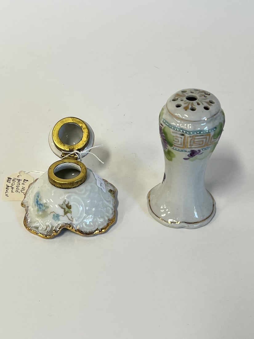 Nippon Hat Pin Holder, and Antique Inkwell: Hat pin holder is marked at underside "Nippon"; 4"H. Victorian shaped porcelain Inkwell is 3"H by 3 1/4"W.