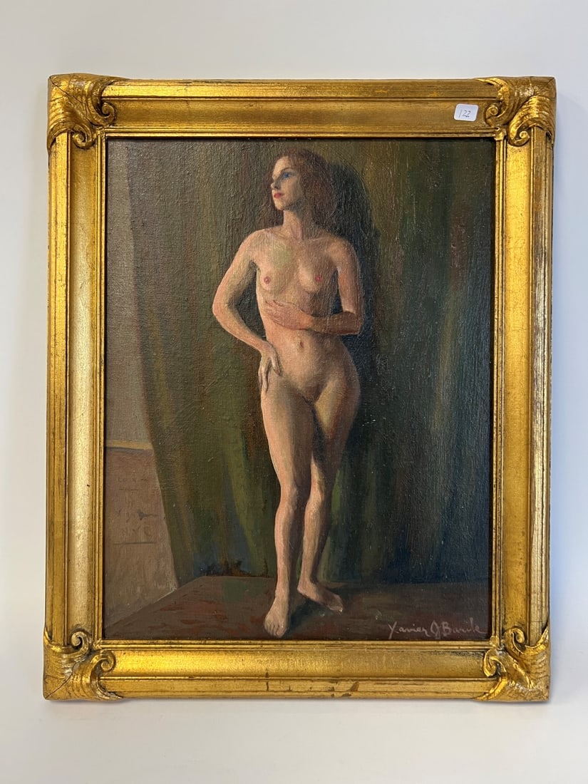 Xavier Barile. Oil.on Board Nude. Signed: Signed lower right. Xavier J. Barile. Marked at back Xavier J. Varile. "Nude Standing" NYC 17 1/2"H. x 13 1/2"W.