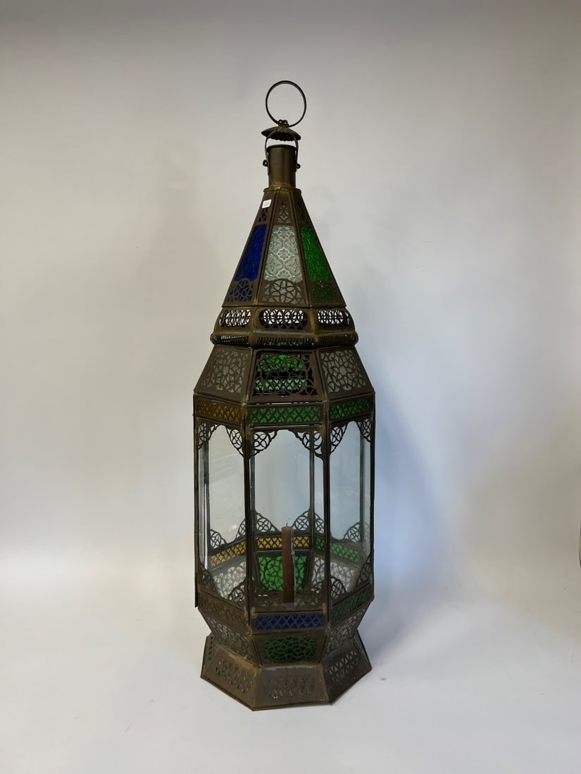Oversized Fretwork Leaded Glass Lantern: Pedestaled. With ring for hanging. Glass Panels with overlay of ornate fretwork. For a candle. 38 1/2"