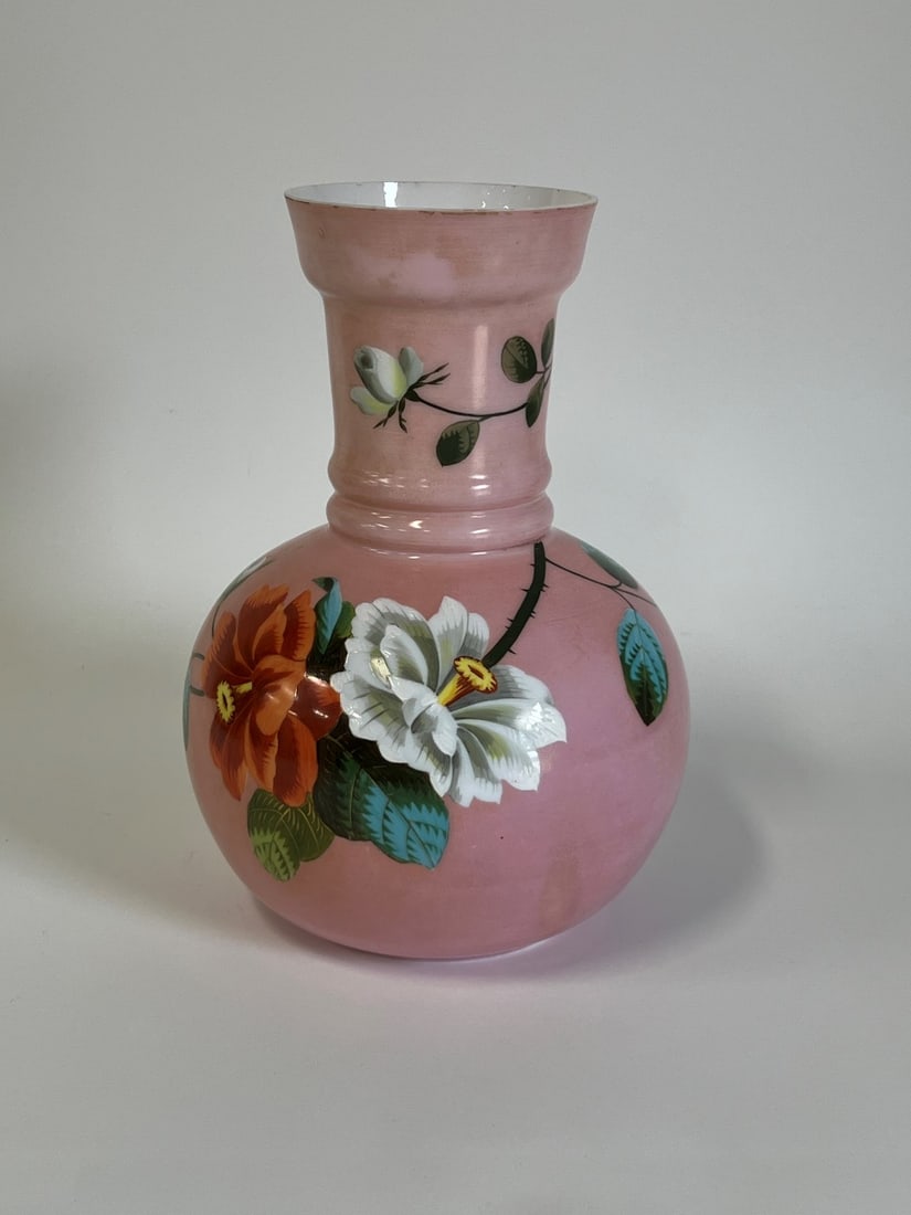 Milk Glass Floral Decorated Bohemian Vase (1 of 3)