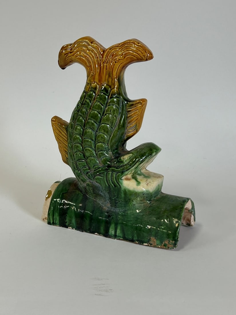 Chinese Ming Dynasty Style Roof Ornament: Glaxed roof ridge ornament. 2 color glaze. Ming Dynasty Style. 10"H