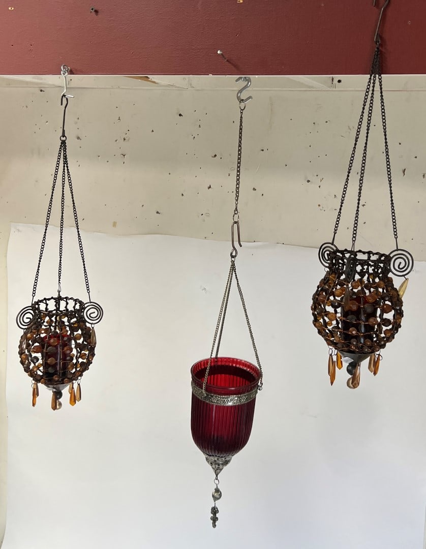 Beaded Amber & Cranberry Glass Art Deco Sconces: Amber Glass Beads (2) and Cranberry Glass with "silver" rim.Three in the lot. All for candles. 7 3/4" H and 22" L when hanging from chain. (amber) and 8 1/2" L and 32" L when hanging from chain (cranb
