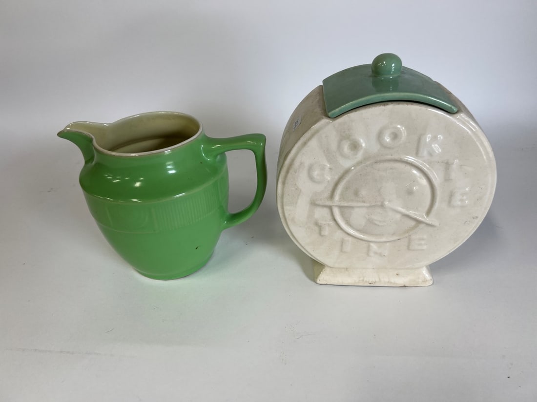 Hall Pitcher and Cookie Time Jar.: 6 3/4"H and 9 1/2"H. Two in the lot.