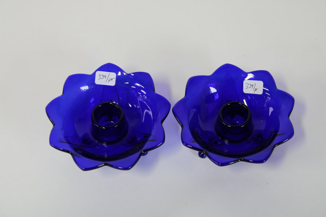 Fenton Cobalt Glass Candleholders. Lotus: Pair Tri Footed (848) 1 3/4"H and 4 3/9"W
