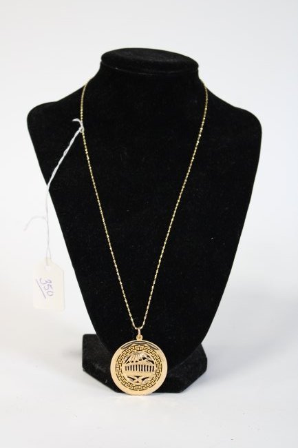 14K Gold Medallion on 14K Gold Chain: Medallion marked 585, chain marked 14K.