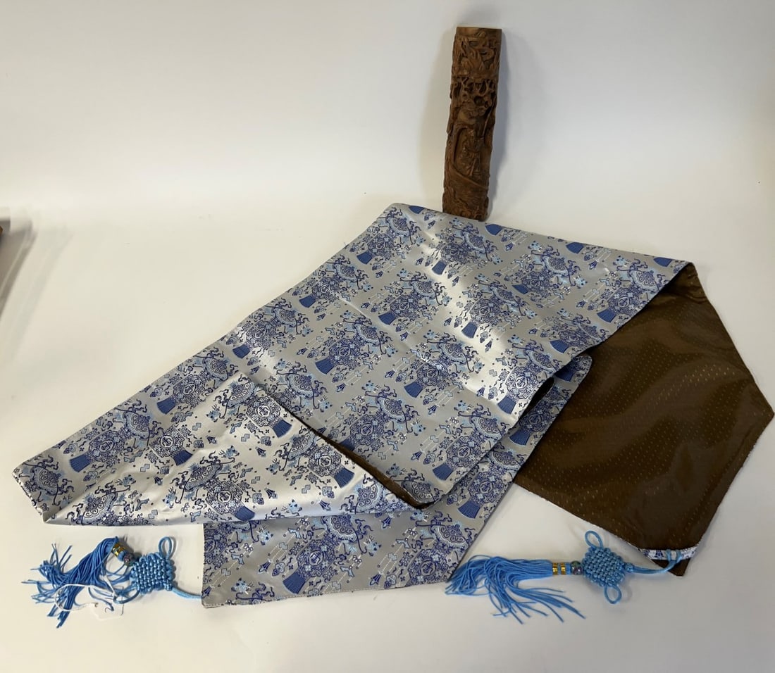 Antique Oriental Wood Carving & Chinese Silk Runner (2) (1 of 3)