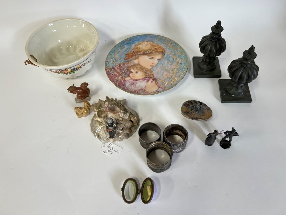 Collector or Dealer's Lot of Smalls inc. Bronze, Hibel , Agate and Wade (12): A matched pair of "newel post" like figures; miniature pr. of antique bronze figures; an Edna Hibel Mothers Day plate for 1986 by Knowles, Emily and Jennifer; three Victorian ornate silver plated napk