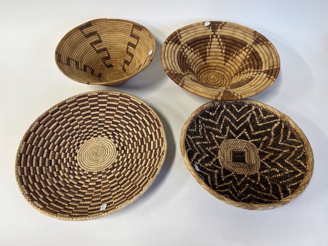 Collectible Vintage Indiian & Southwestern Basket Tray & Bowls (4): One Basket Tray and Three Bowls. 15"D; 12 1/2"D; 13 3/4"D and 11 3/4"D